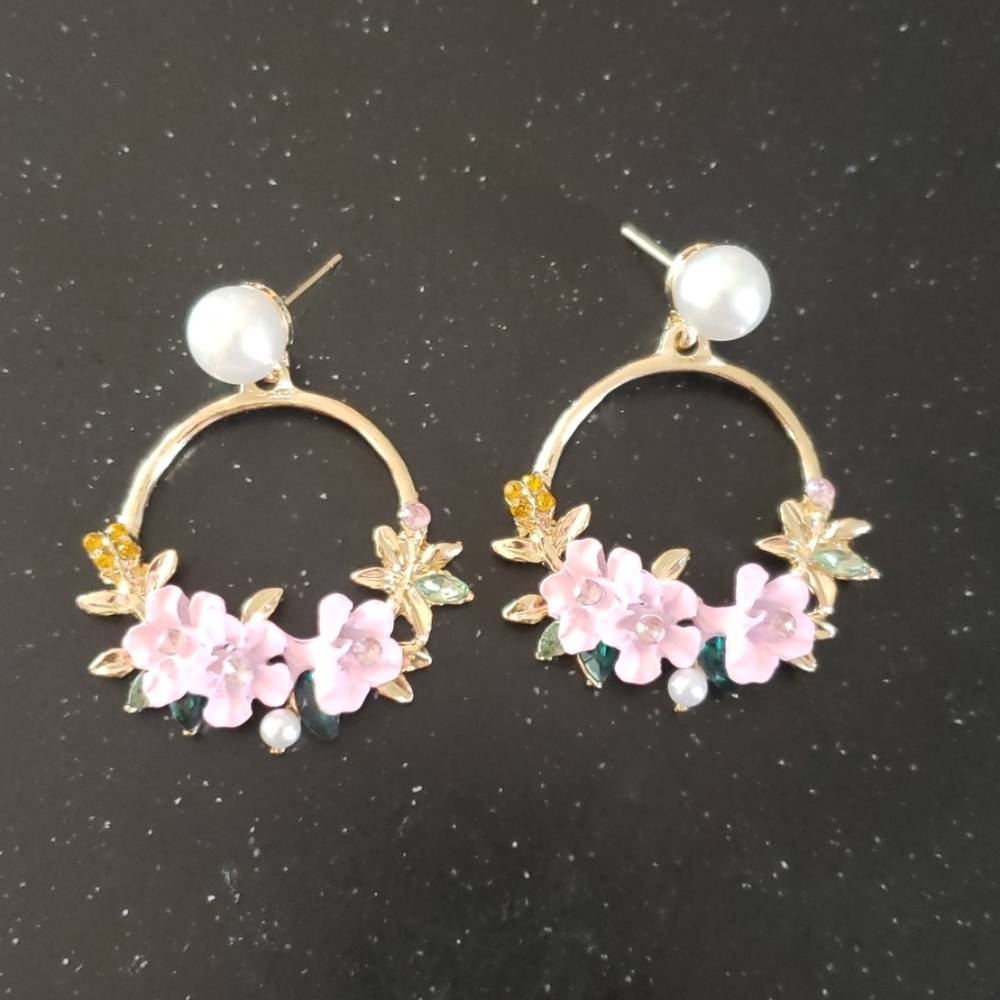 Handmade flower pink earrings yellow gold leaves